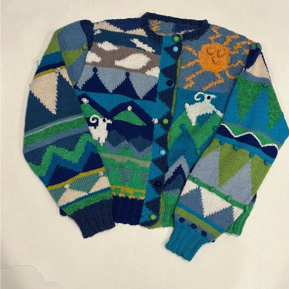 Sweaters - Colorful Hand-Knit Mountain & Sheep Cardigan - Blue/Green Palette